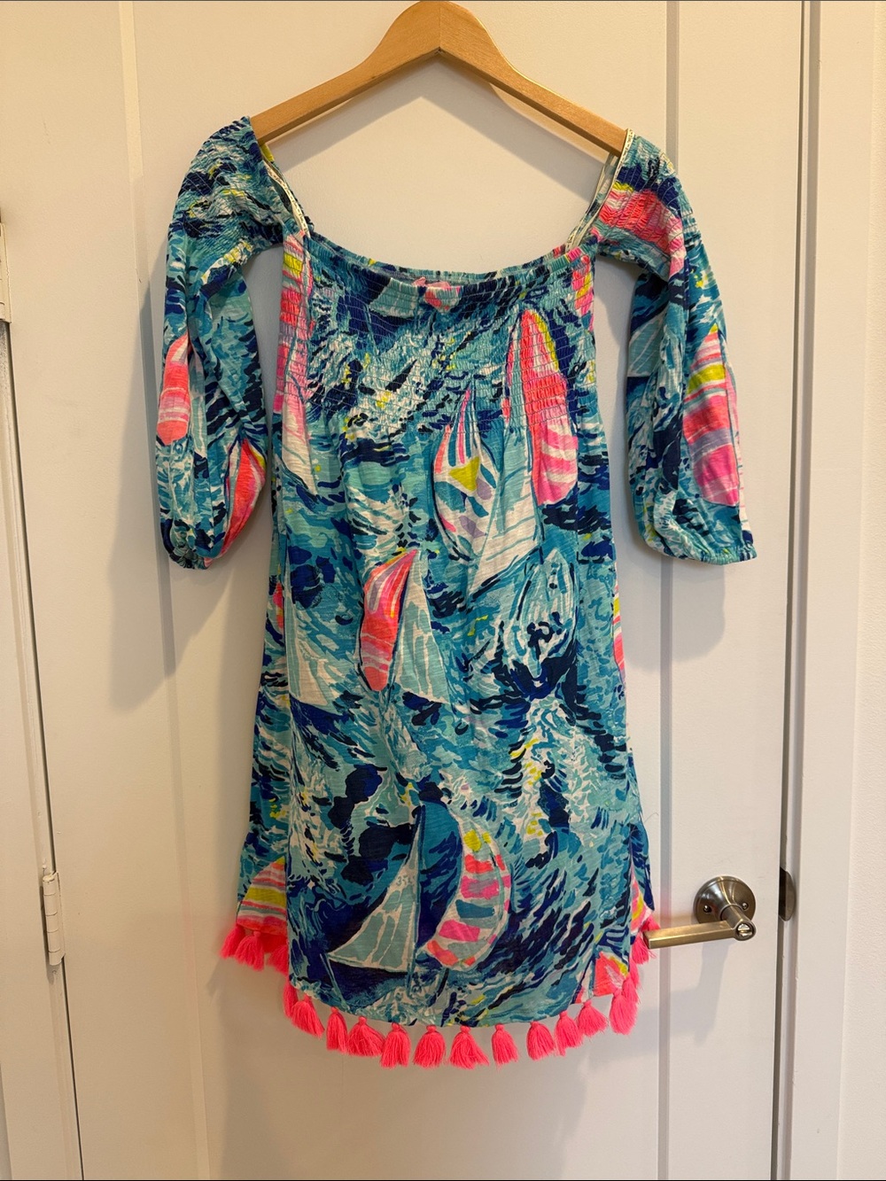 Lilly Pulitzer Blue Sailboat Print Off-Shoulder Dress with Pink Tassels